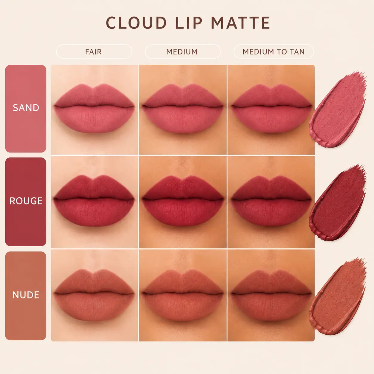 Cloud Matte Lipstick — Shade Swatches
